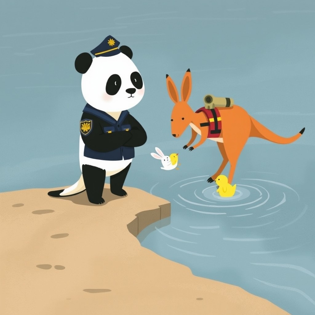 A panda police officer standing proudly on the riverbank, observing as a kangaroo firefighter courageously rescues a small white rabbit and a small yellow chick from the water