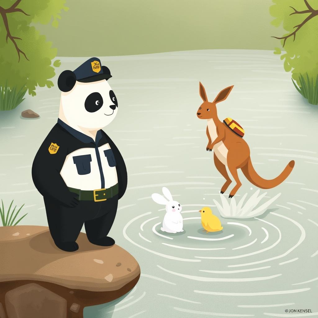 A panda police officer standing proudly on the riverbank, observing as a kangaroo firefighter leaps into action in the river, rescuing a small white rabbit and a small yellow chick