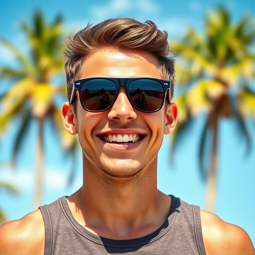 A cheerful young male model with short hair is wearing a stylish tank top, radiating positivity and energy