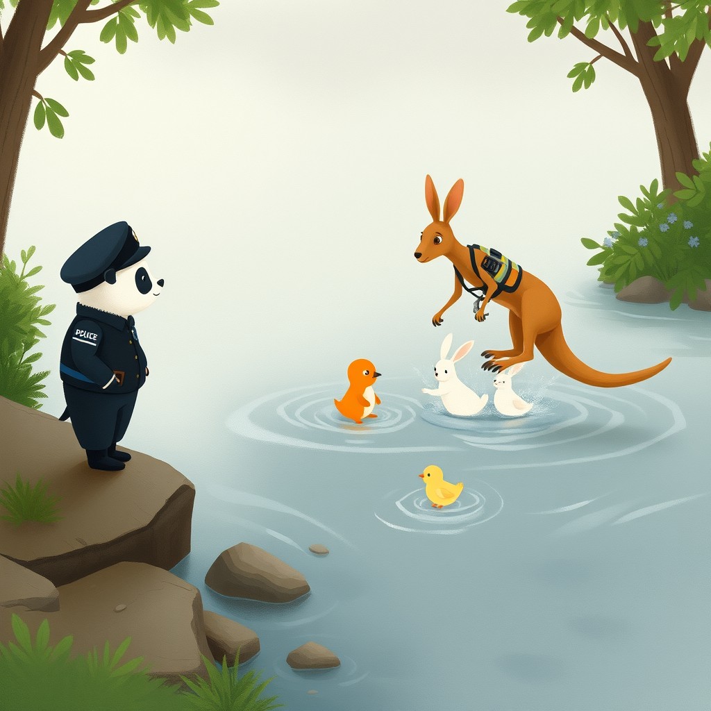 A panda police officer standing by the riverbank, watching attentively as a kangaroo firefighter bravely jumps into the water to rescue a small white rabbit and a small yellow chick
