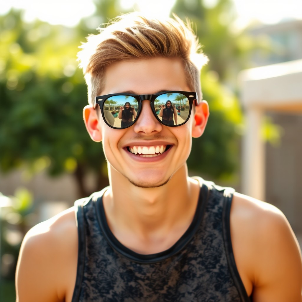 A cheerful young male with short hair is wearing a casual and stylish tank top, exuding a sense of confidence and approachability