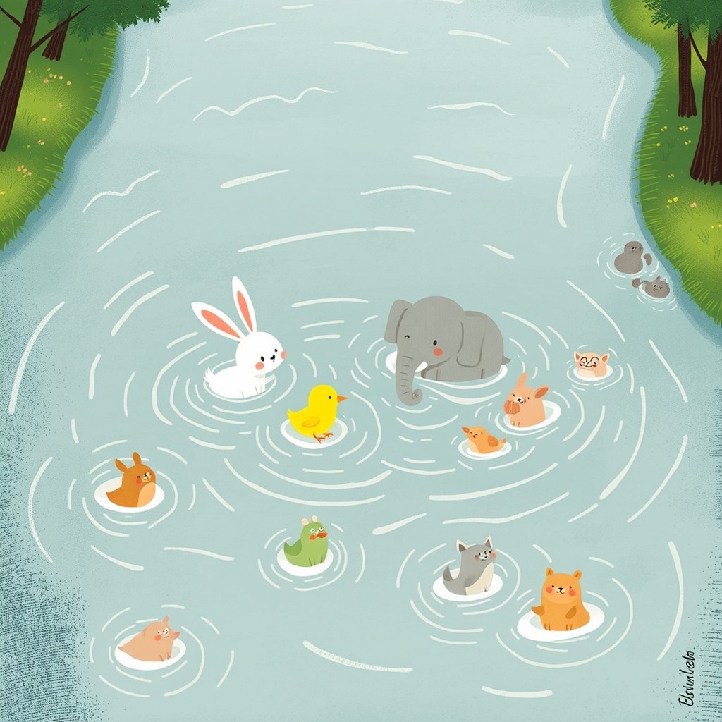 In the center of a river, a small white rabbit, a small yellow chick, and an elephant are splashing around, surrounded by several other small animals also caught in the water