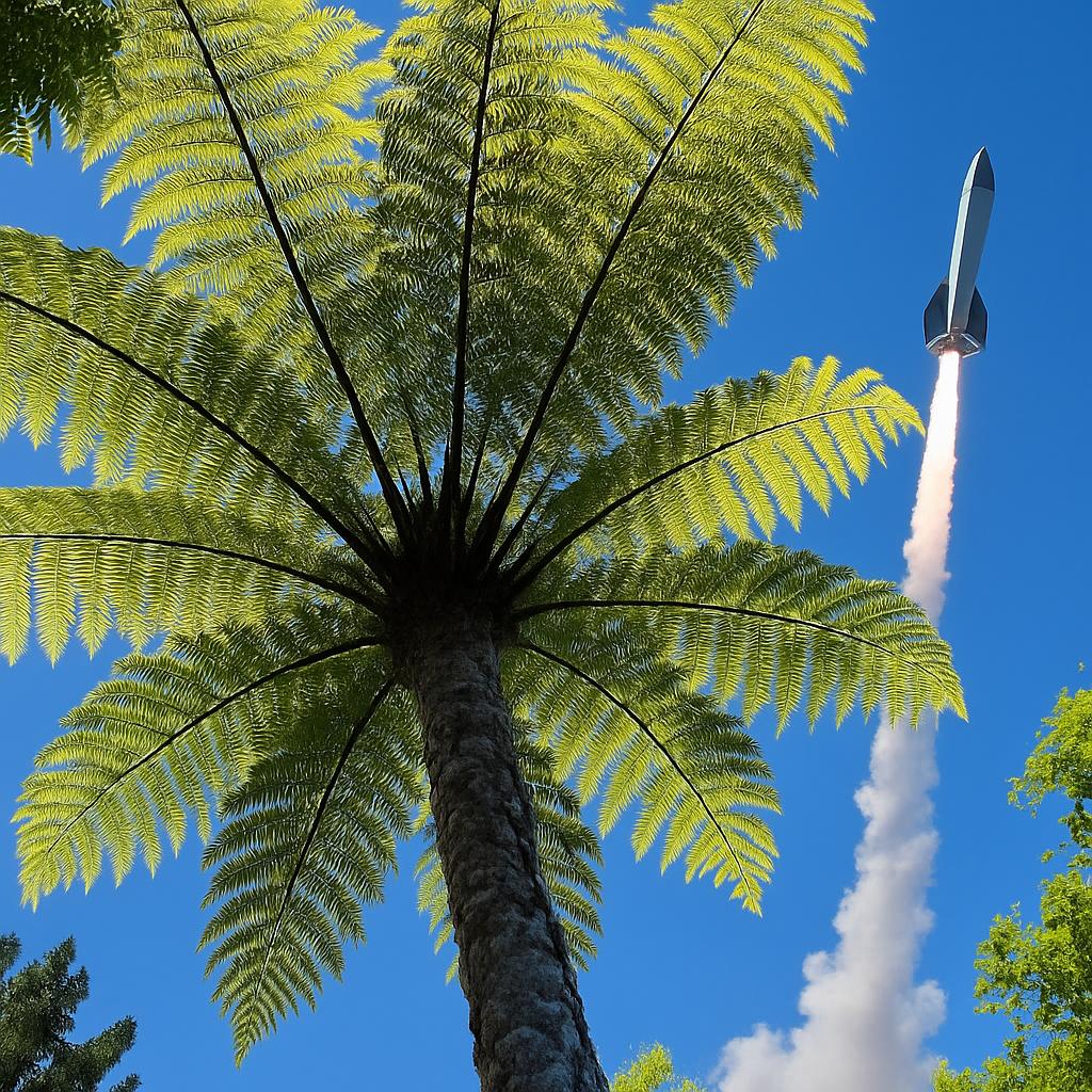 A stunning view of a large, lush fern tree from a low angle, with ample green fronds radiating outward