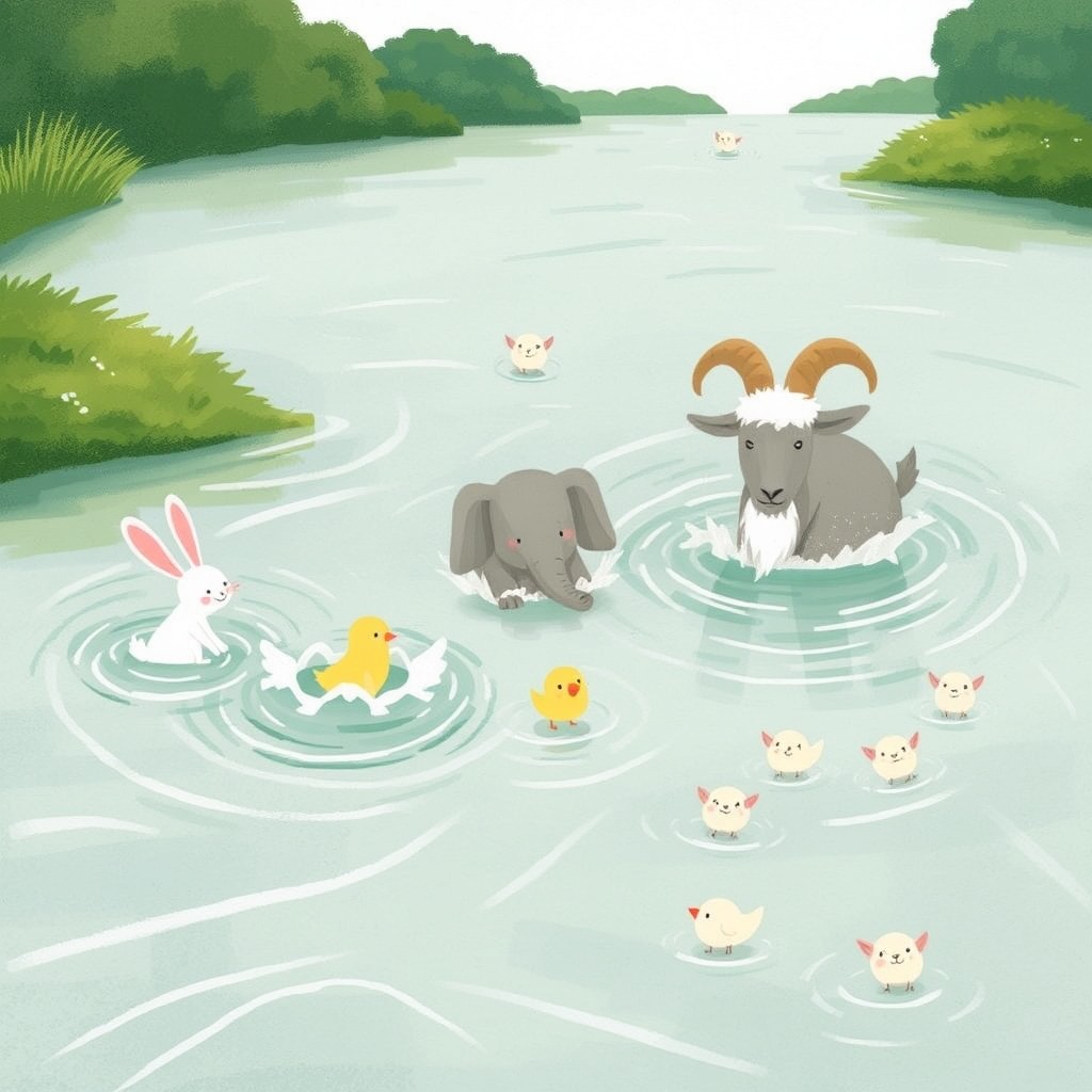 In the middle of a river, a small white rabbit, a small yellow chick, an elephant, and a grandfather goat are playfully splashing around in the water, accompanied by several other small animals caught in the river's current