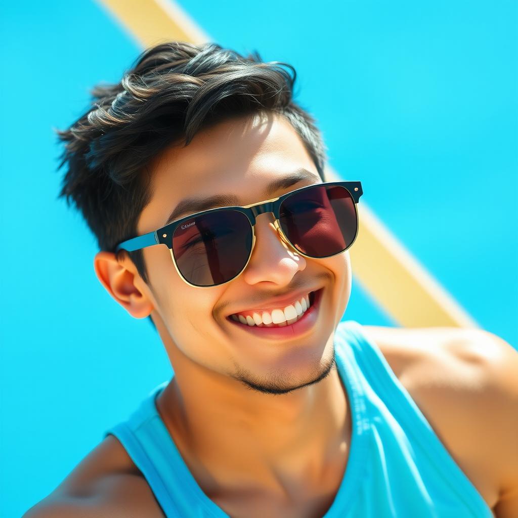 A vibrant portrait of a young male individual with short black hair, radiating positivity with a bright smile