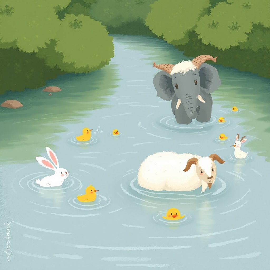 In the middle of a river, a small white rabbit, a small yellow chick, a large elephant, and a white grandfather goat are all playfully struggling in the water, along with several other small animals that have also fallen in