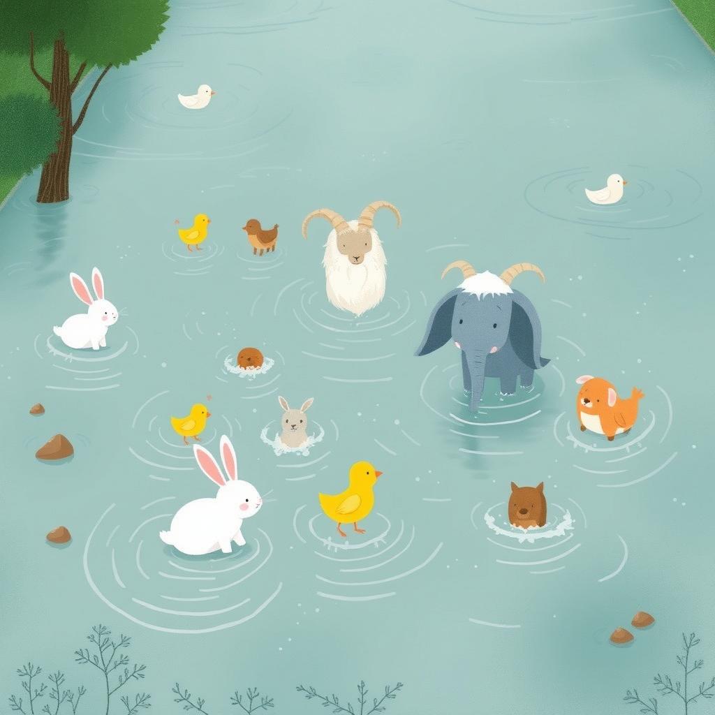 In the center of a river, a charming scene unfolds with a small white rabbit, a little yellow chick, a friendly elephant, and a wise-looking white goat grandpa, alongside various other adorable animals, all playfully splashing in the water