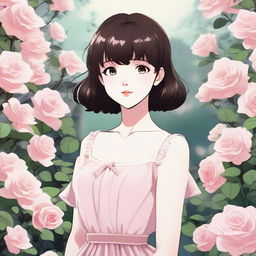 Anime style girl with dark brown short hair, black eyes, rosy lips, and pale skin, wearing a light pink dress. She's standing in a garden abloom with light pink roses, all portrayed with soft 90s-style shading.