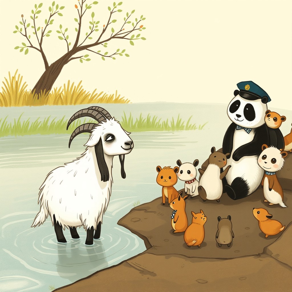 By the river, an old white goat that is wet is approaching a panda police officer