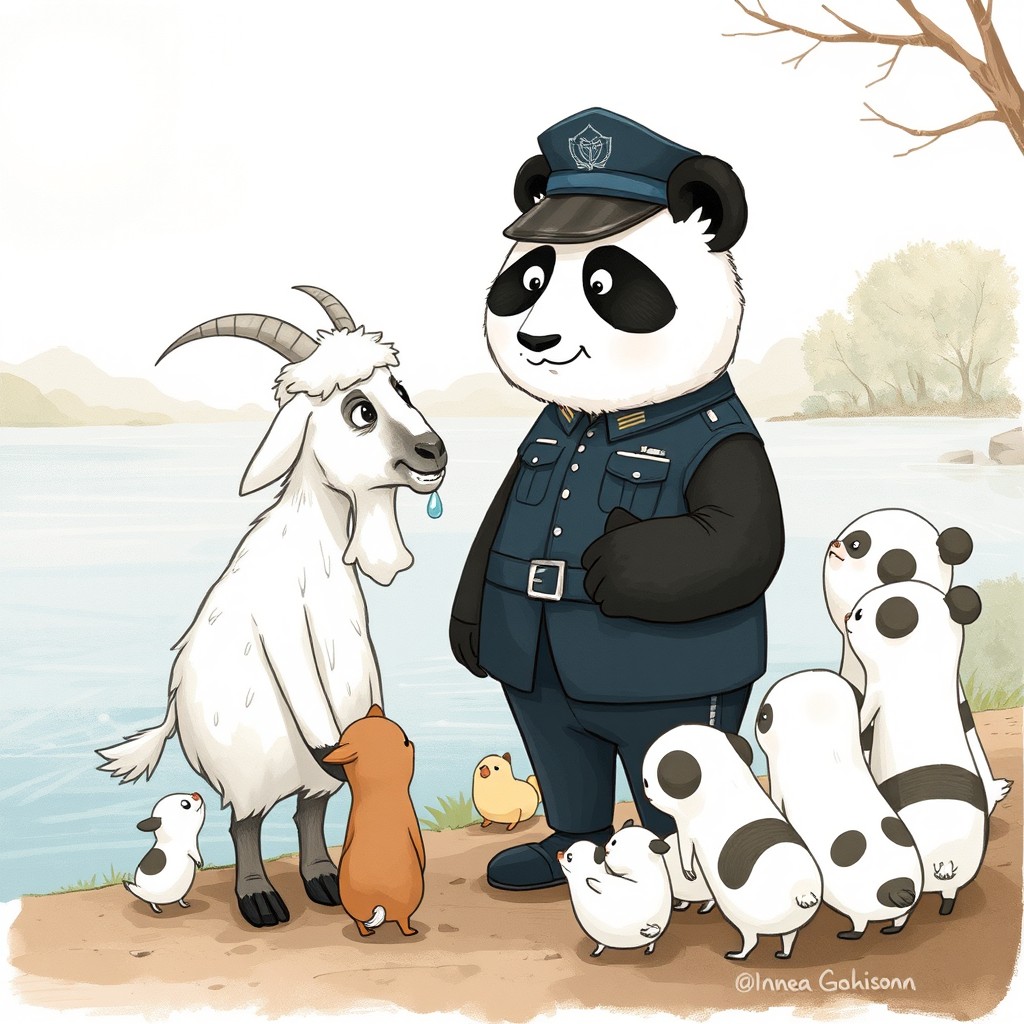 A white goat grandpa, wet from the river, approaches a panda police officer by the riverside