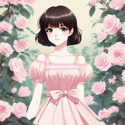 Anime style girl with dark brown short hair, black eyes, rosy lips, and pale skin, wearing a light pink dress. She's standing in a garden abloom with light pink roses, all portrayed with soft 90s-style shading.