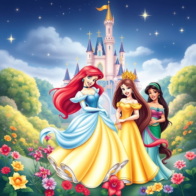 A dreamy and enchanting scene featuring Disney princesses gathered together in a magical setting