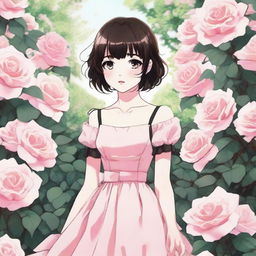 Anime style girl with dark brown short hair, black eyes, rosy lips, and pale skin, wearing a light pink dress. She's standing in a garden abloom with light pink roses, all portrayed with soft 90s-style shading.