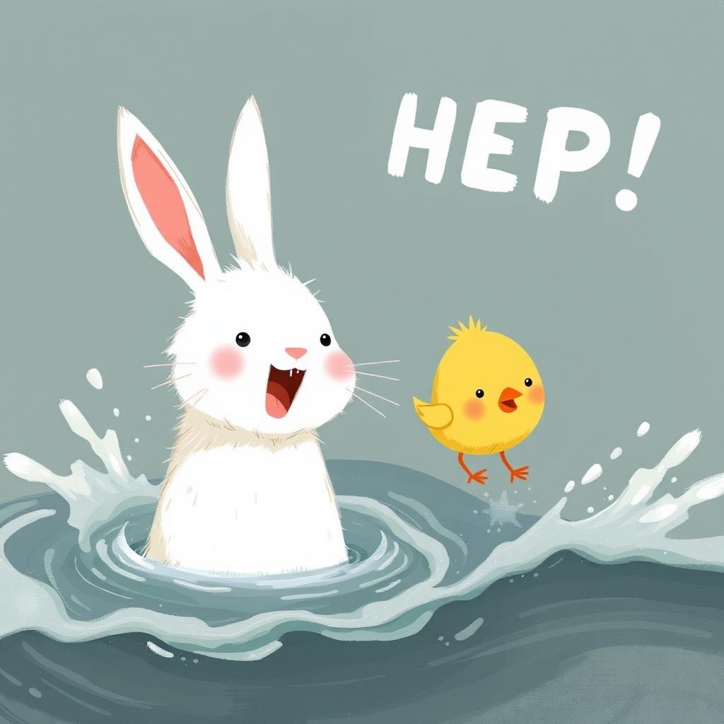 A cute white rabbit and a little yellow chick are calling for help after falling into the water, filled with emotion and urgency