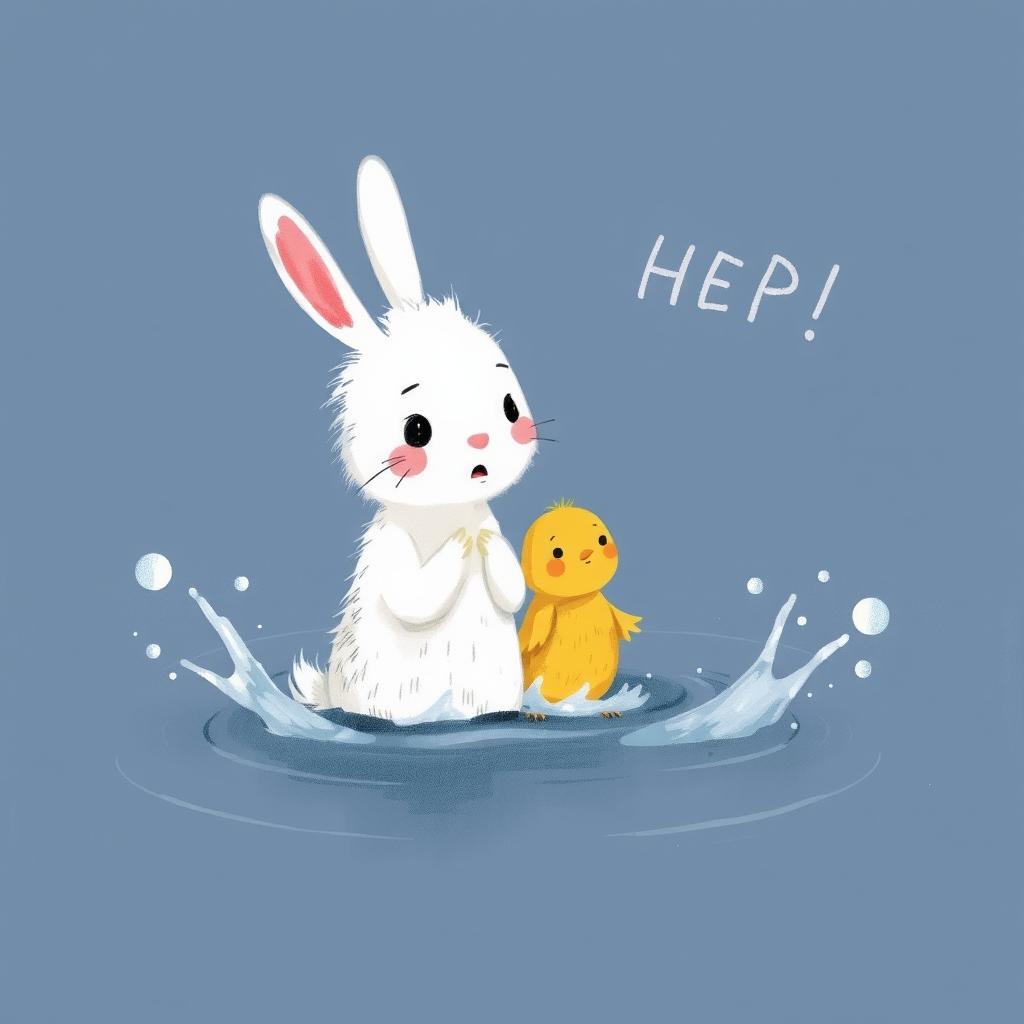 A cute white rabbit and a little yellow chick are calling for help after falling into the water, showcasing their fluffy fur and bright yellow feathers