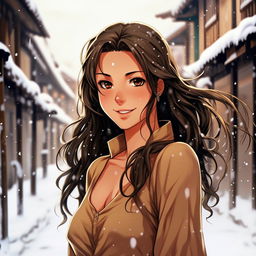 In the style of Jujutsu Kaisen anime, a girl with medium length dark brown hair, tan skin and black eyes, is smiling in a snowy street. She is wearing a light dress, and the background is blurry.