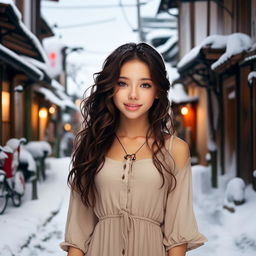 In the style of Jujutsu Kaisen anime, a girl with medium length dark brown hair, tan skin and black eyes, is smiling in a snowy street. She is wearing a light dress, and the background is blurry.