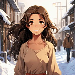 In the style of Jujutsu Kaisen anime, a girl with medium length dark brown hair, tan skin and black eyes, is smiling in a snowy street. She is wearing a light dress, and the background is blurry.