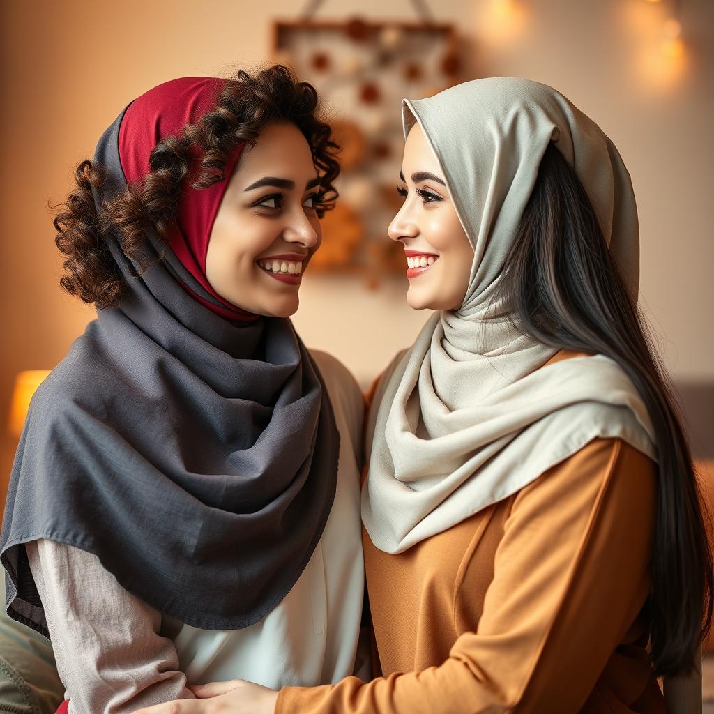 A beautiful portrait of a lesbian couple where both women are wearing stylish hijabs