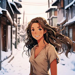 In the style of Jujutsu Kaisen anime, a girl with medium length dark brown hair, tan skin and black eyes, is smiling in a snowy street. She is wearing a light dress, and the background is blurry.