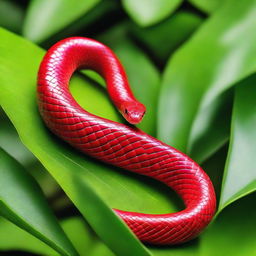 A vibrant red snake slithering on a lush green background