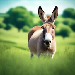 A high-quality, realistic digital art of a donkey standing in a lush green field