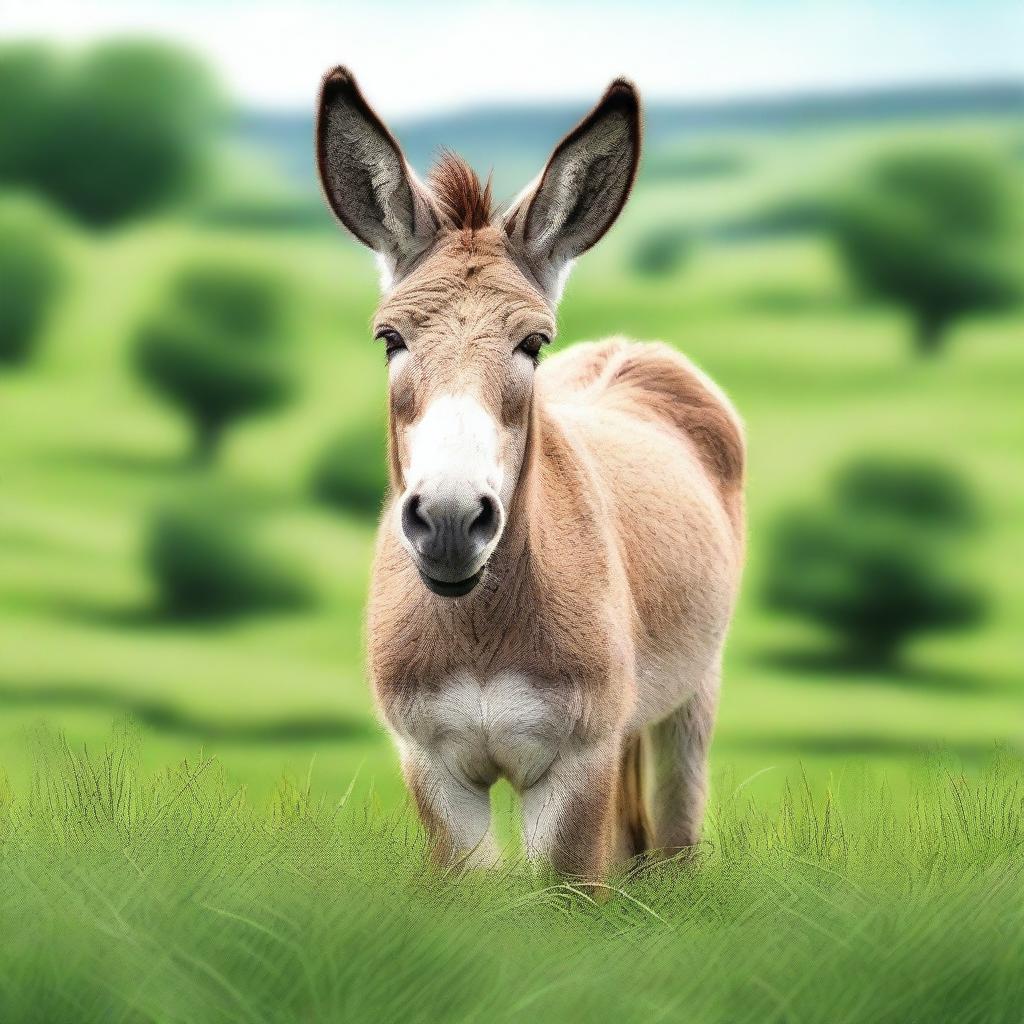 A high-quality, realistic digital art of a donkey standing in a lush green field