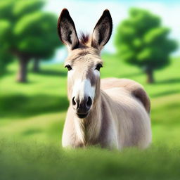 A high-quality, realistic digital art of a donkey standing in a lush green field