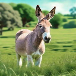 A high-quality, realistic digital art of a donkey standing in a lush green field