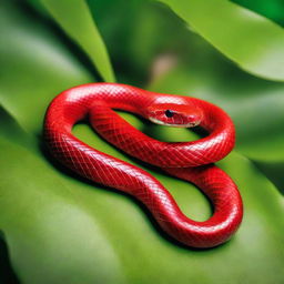 A vibrant red snake slithering on a lush green background