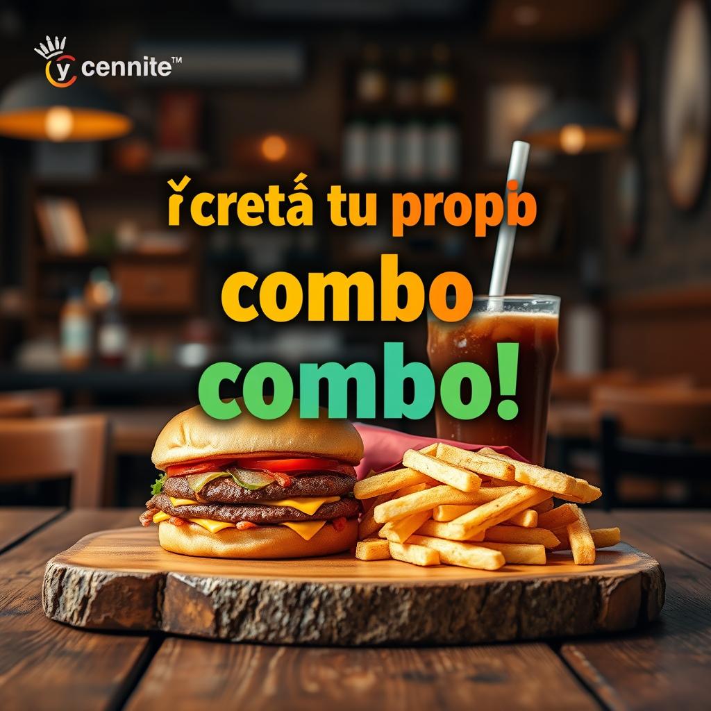 Professional style photograph of a food combo featuring a burger, fries, and a soda, artistically arranged on a rustic wooden table