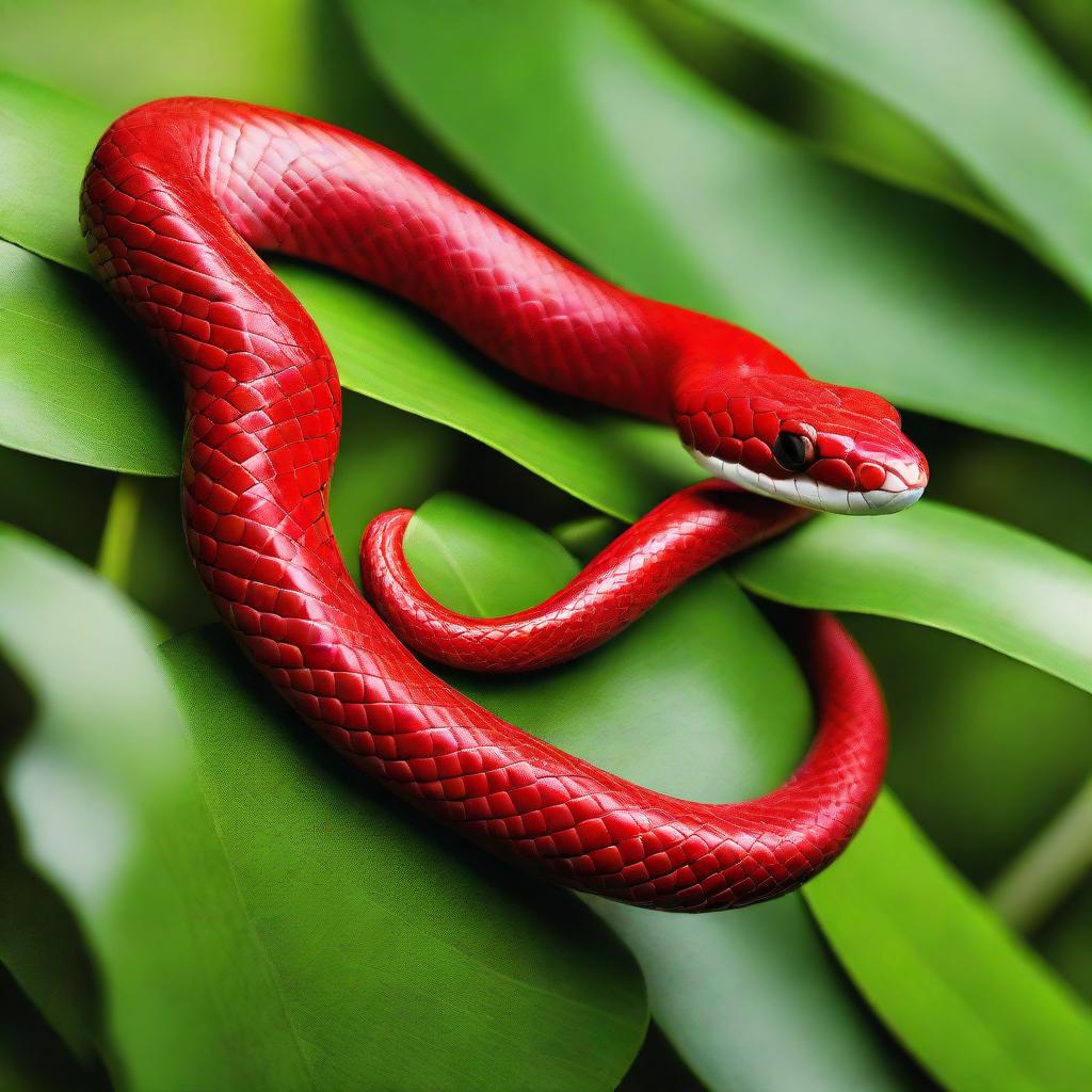 A vibrant red snake slithering on a lush green background