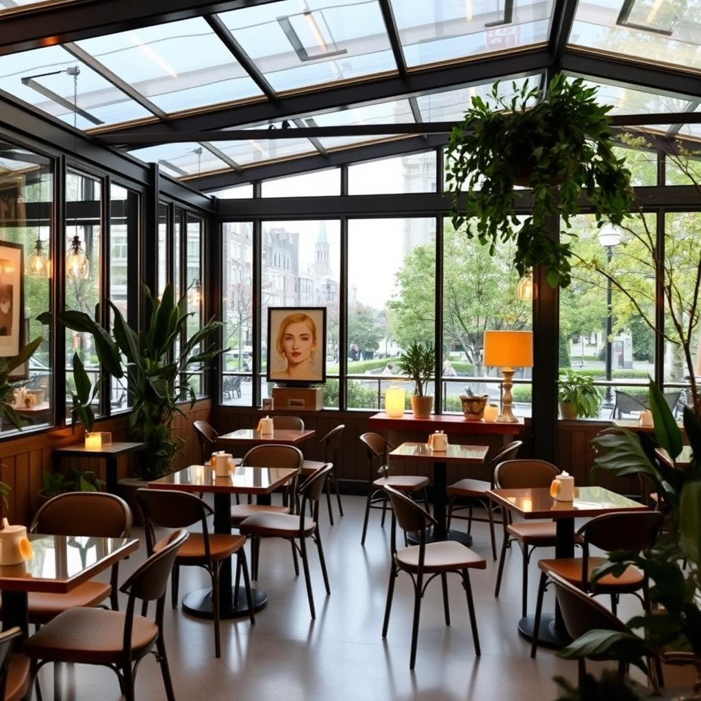 A beautifully designed glass cafe featuring elegant tables and chairs arranged in an inviting setting