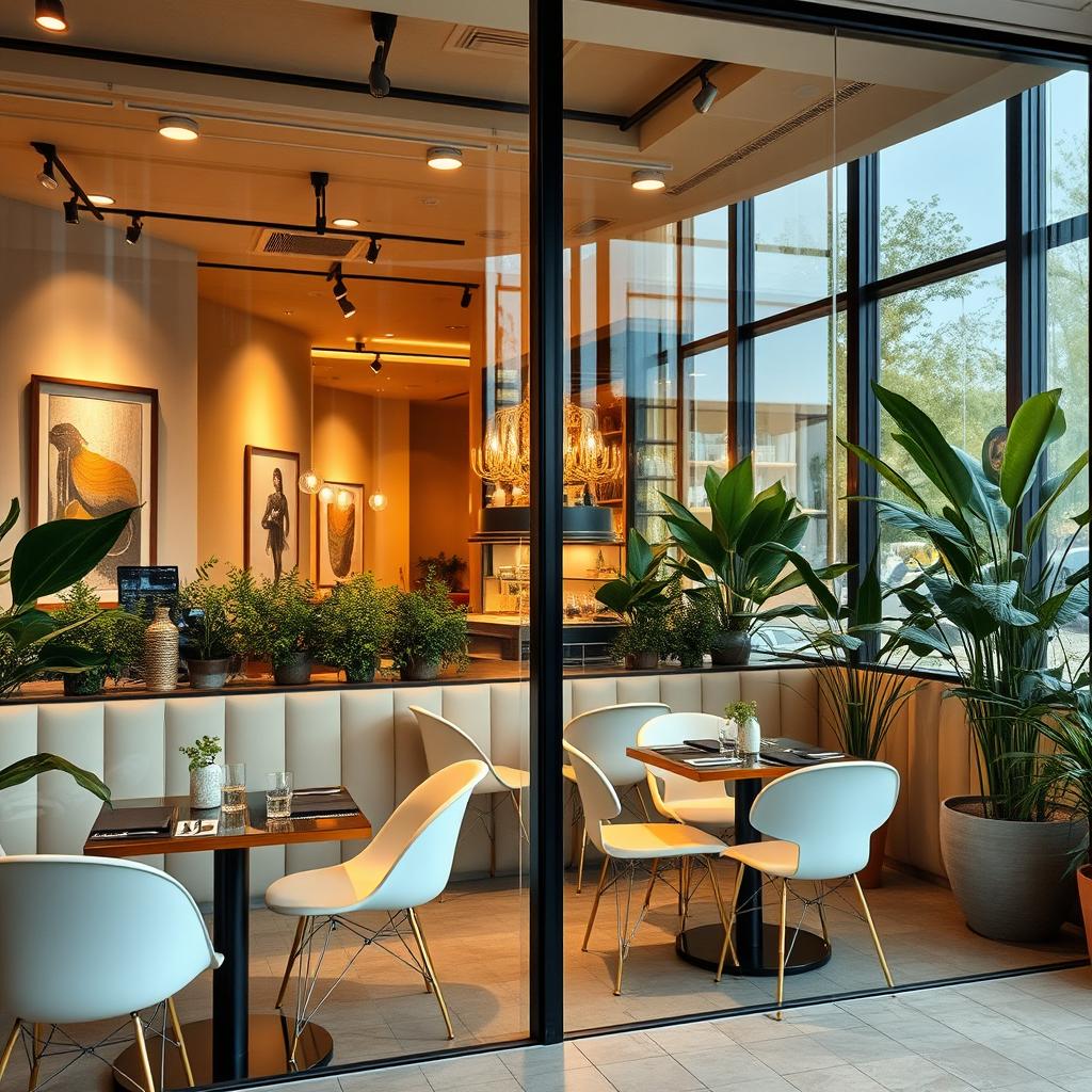 A beautifully designed glass cafe interior featuring modern tables and chairs, elegant decor, and a serene ambiance