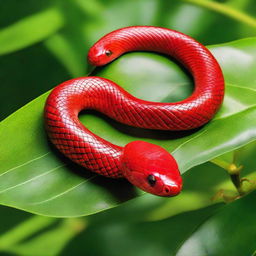 A vibrant red snake slithering on a lush green background