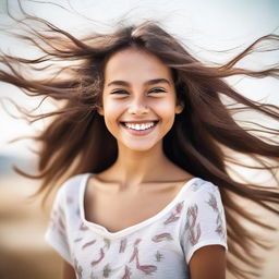 A picture of a cheerful young girl with bright eyes and a wide smile, her hair flowing freely in the wind.