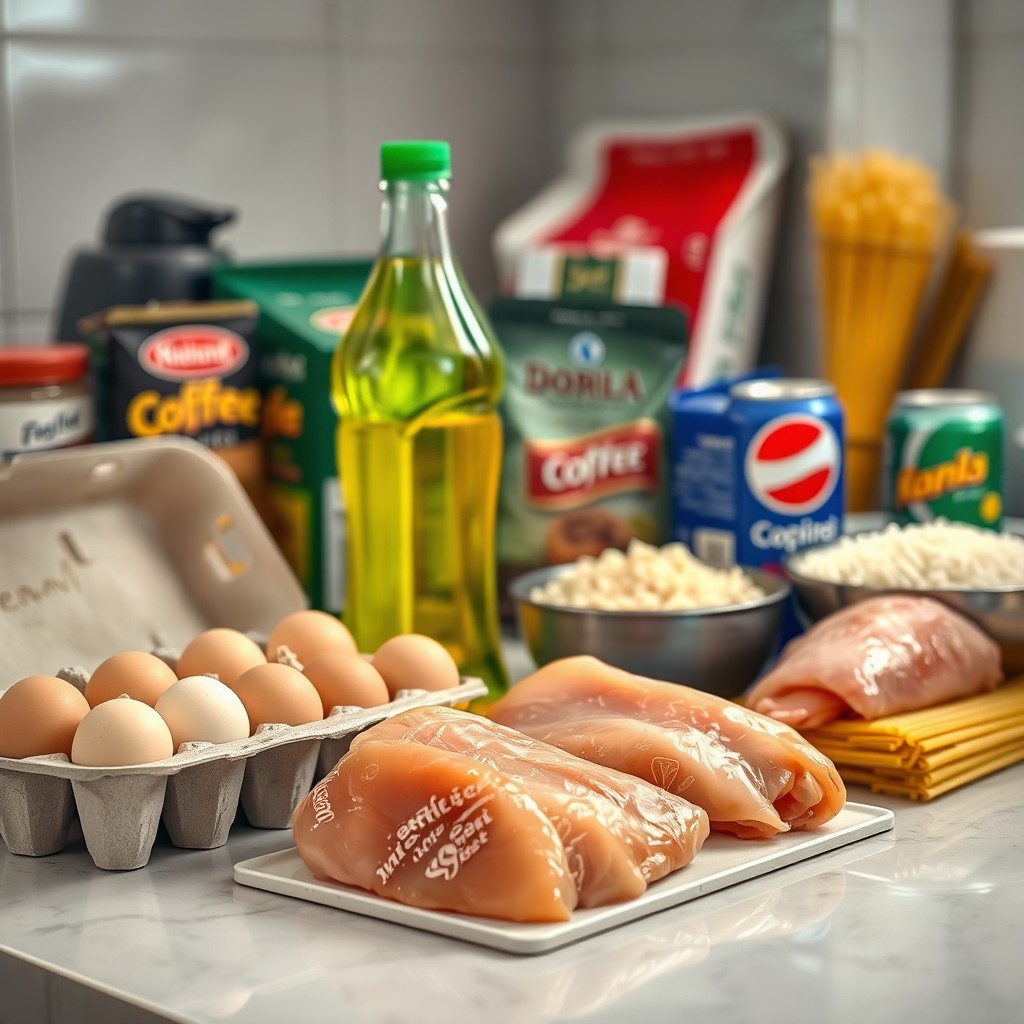 A realistic image featuring a kitchen countertop setting with various food products in the background