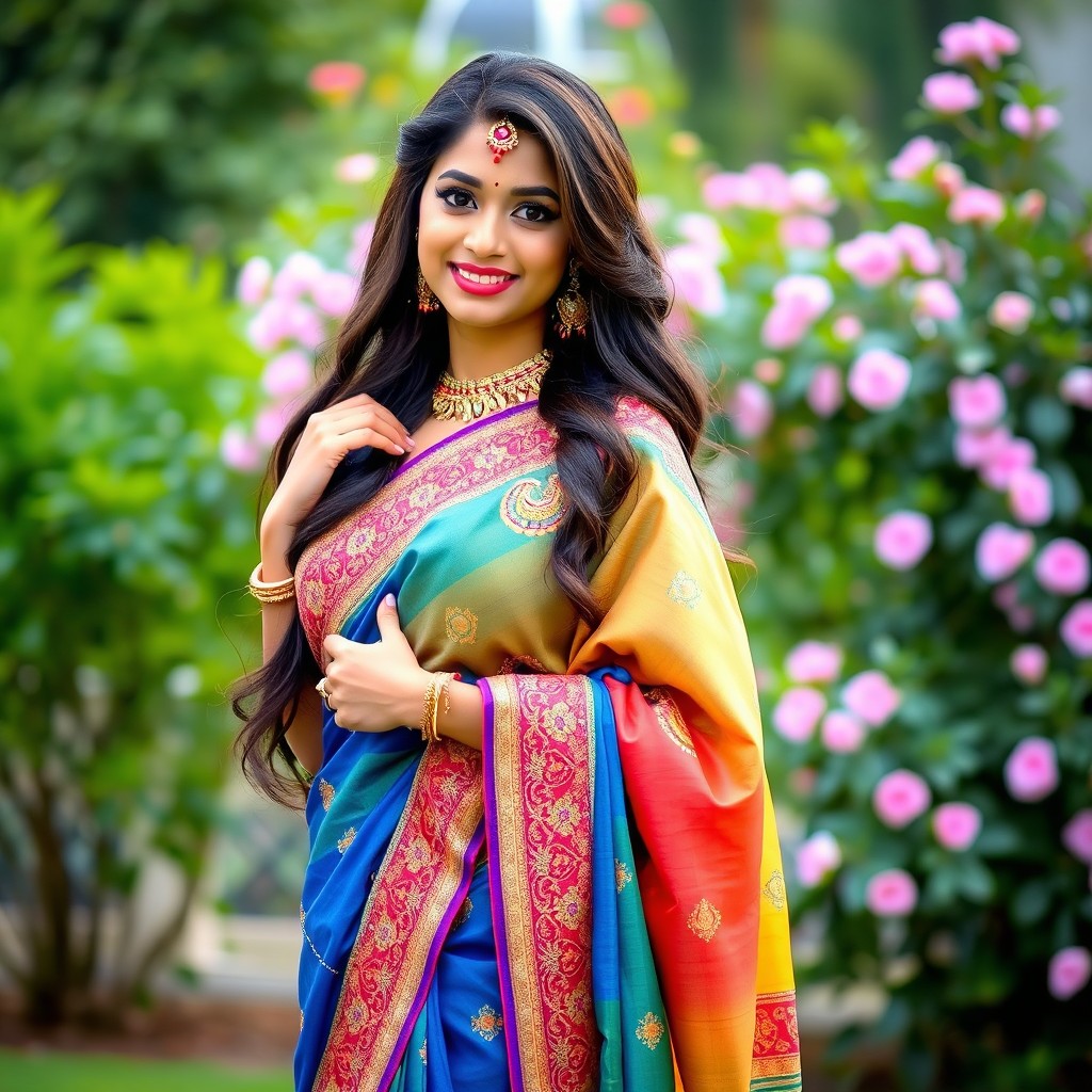 A beautiful Indian woman elegantly dressed in a colorful saree, showcasing intricate embroidery and vibrant patterns