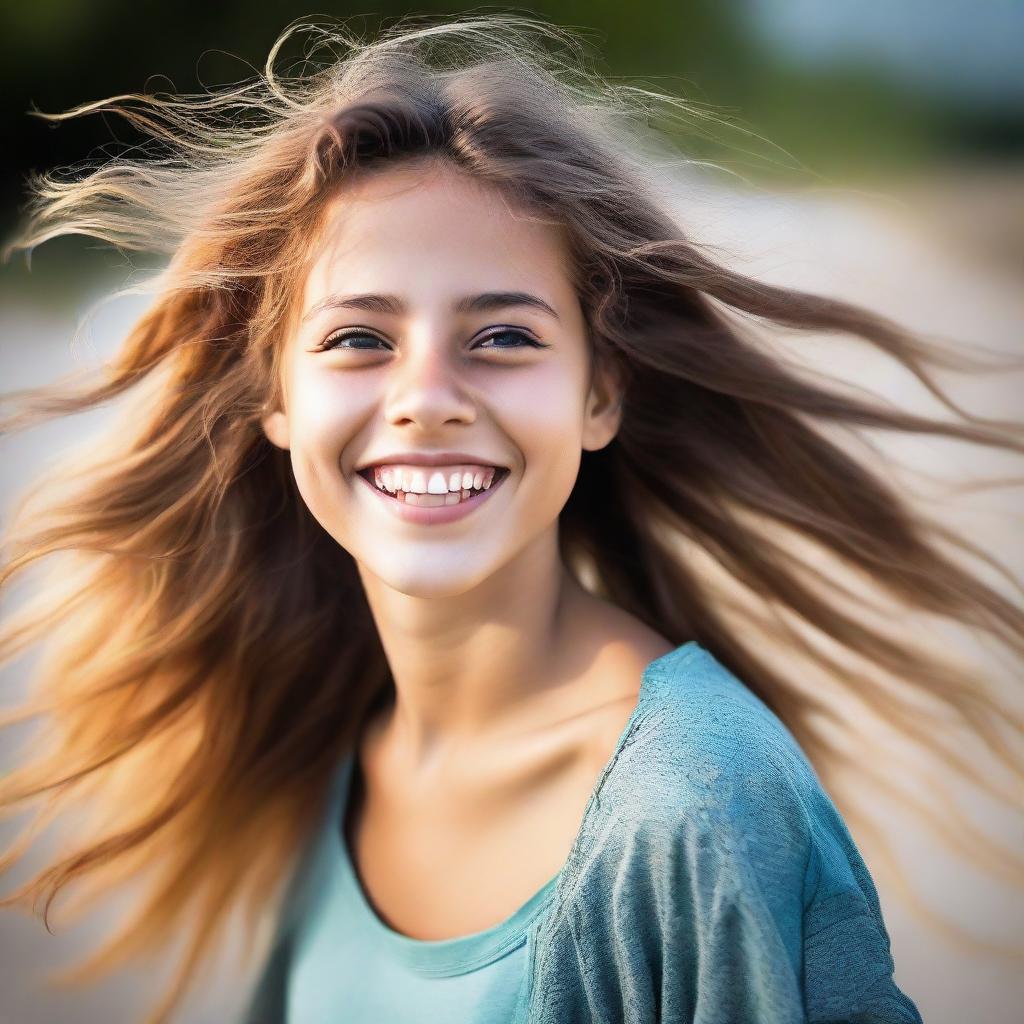 A picture of a cheerful young girl with bright eyes and a wide smile, her hair flowing freely in the wind.