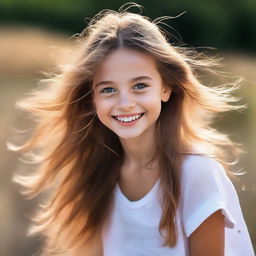 A picture of a cheerful young girl with bright eyes and a wide smile, her hair flowing freely in the wind.