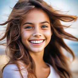 A picture of a cheerful young girl with bright eyes and a wide smile, her hair flowing freely in the wind.