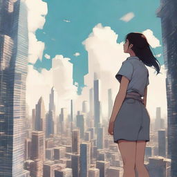 A mesmerizing scene of a giant, friendly looking girl, towering above a bustling cityscape, gazing down at the skyscrapers with curiosity.