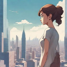 A mesmerizing scene of a giant, friendly looking girl, towering above a bustling cityscape, gazing down at the skyscrapers with curiosity.