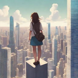 A mesmerizing scene of a giant, friendly looking girl, towering above a bustling cityscape, gazing down at the skyscrapers with curiosity.