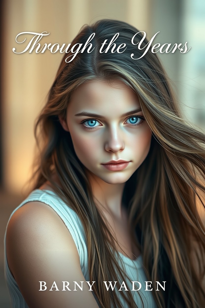 A young woman with striking blue eyes and long flowing hair, exuding a sense of curiosity and grace