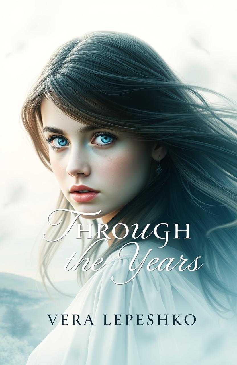 A stunning book cover design for "Through the Years" by Vera Lepeshko, featuring a young woman with striking blue eyes