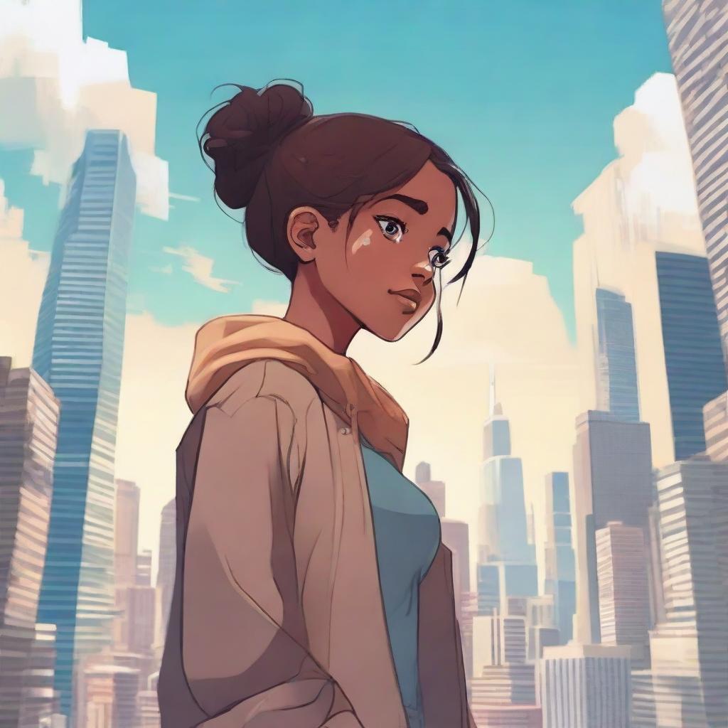 A mesmerizing scene of a giant, friendly looking girl, towering above a bustling cityscape, gazing down at the skyscrapers with curiosity.