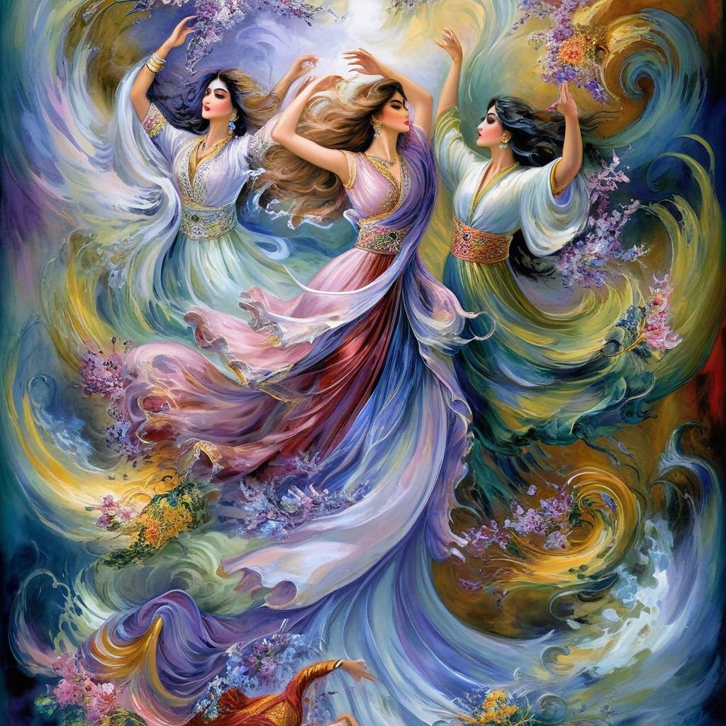 surrounded by swirling, vibrant colors—rich reds, purples, pinks, yellows, blues, and greens—that evoke a sense of movement and light. The style is reminiscent of Persian miniature painting, with a painterly, expressive quality.
The figures appear in the middle of the action, their bodies contracted in fluid motion. The background features swirling clouds and stylized winding trees, the composition is balanced, and the figures are not exactly centered, but interact in the central space. The overall perspective is almost like floating above or within the stage.
The lighting is striking, highlighting the faces and vibrant colors. The artwork is expressive and evocative of nature and human emotions.