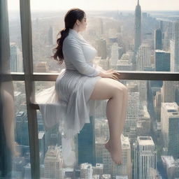 A captivating image of an enormous girl in gentle attire, seated delicately atop a city skyscraper, legs dangling over the side, and looking out to the horizon.