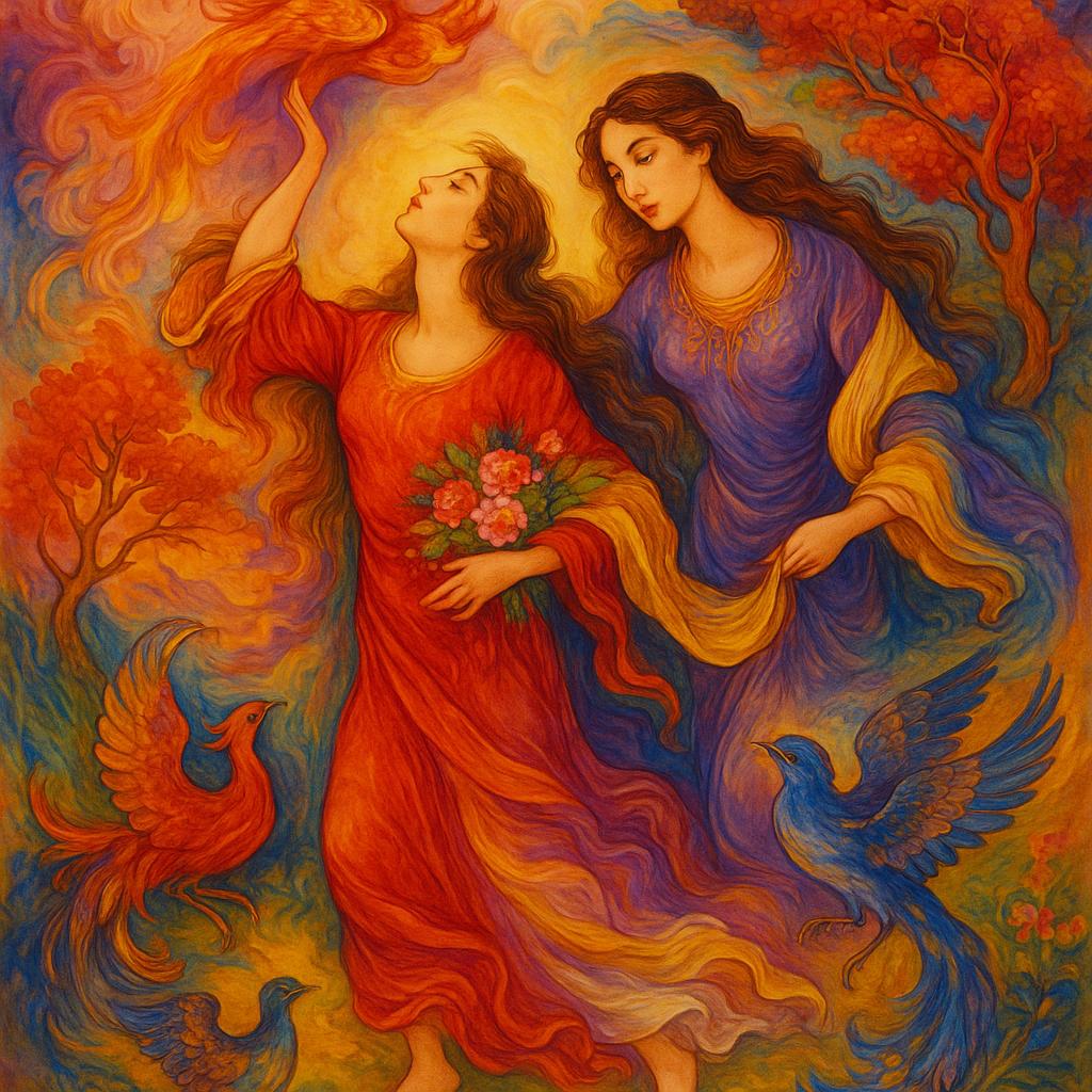 surrounded by swirling, vibrant colors—rich reds, purples, pinks, yellows, blues, and greens—that evoke a sense of movement and light. The style is reminiscent of Persian miniature painting, with a painterly, expressive quality.
The figures appear in the middle of the action, their bodies contracted in fluid motion. The background features swirling clouds and stylized winding trees, the composition is balanced, and the figures are not exactly centered, but interact in the central space. The overall perspective is almost like floating above or within the stage.
The lighting is striking, highlighting the faces and vibrant colors. The artwork is expressive and evocative of nature and human emotions.